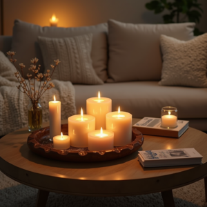 Ambiance feutrée et cosy avec des bougies allumées sur une table basse en bois, entourée de coussins moelleux et d'une couverture douce, dans un salon chaleureux.