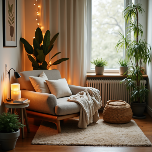 Espace détente cozy avec fauteuil confortable, plantes vertes, bougies et éclairage doux, idéal pour se relaxer chez soi.