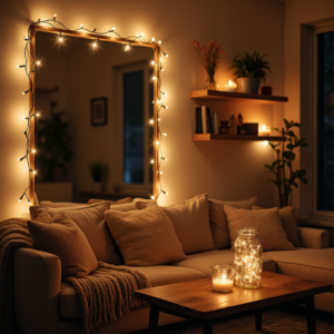 Guirlandes Lumineuses apportant une ambiance cosy et chaleureuse dans un salon, avec un éclairage doux sublimant la décoration intérieure.