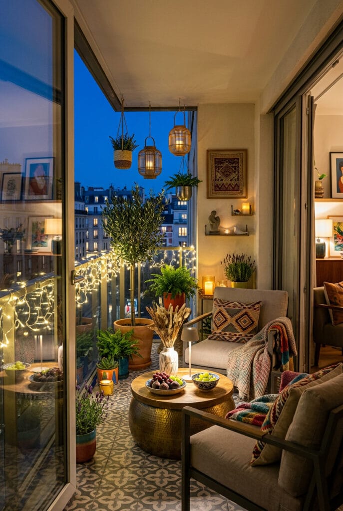 Guirlandes lumineuses enroulées autour des garde-corps d'un balcon pour une ambiance chaleureuse en soirée