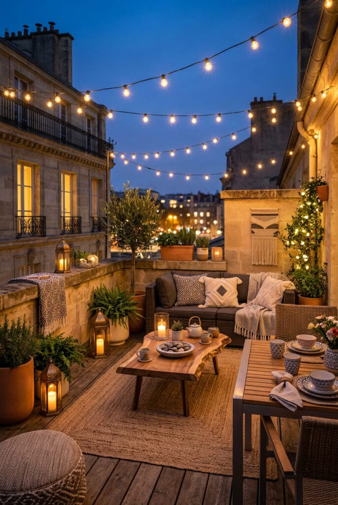 Guirlandes lumineuses suspendues en zigzag au-dessus d'une terrasse pour un effet guinguette festif