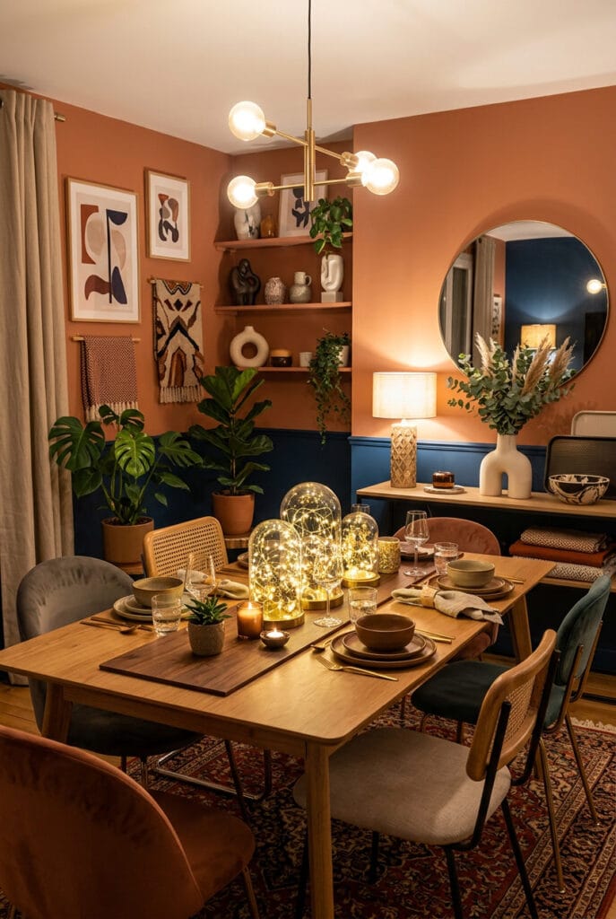 Guirlandes lumineuses disposées dans des cloches en verre comme décoration de table élégante