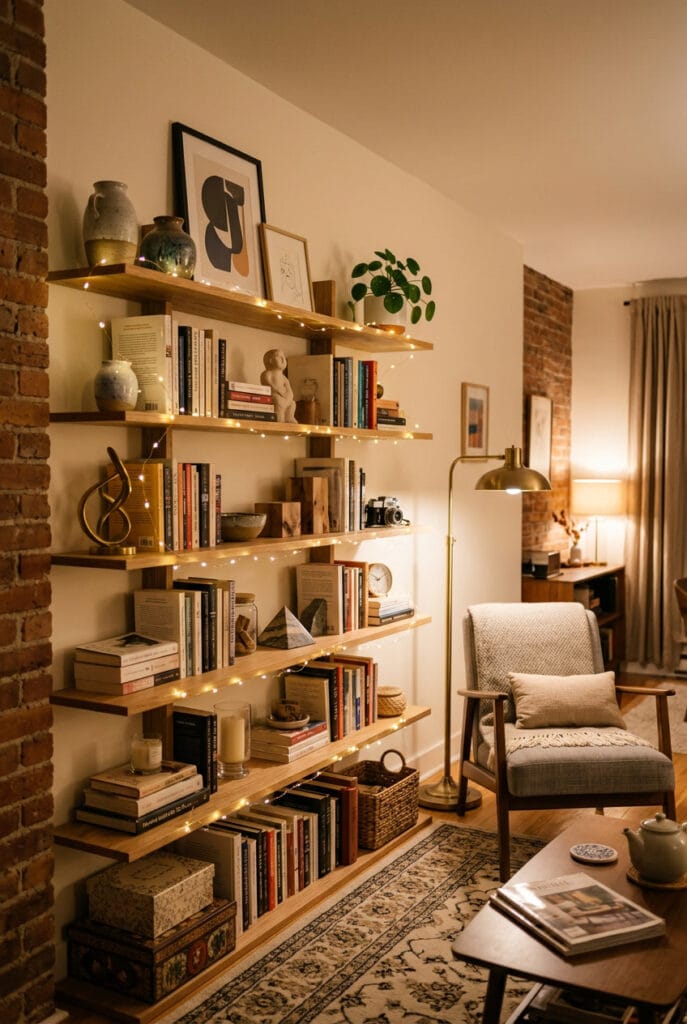 Guirlande lumineuse sur une étagère de salon mettant en valeur livres et objets déco