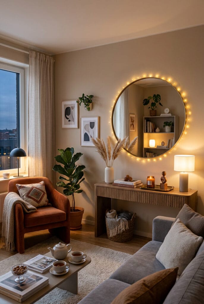 Miroir de salon encadré d'une guirlande lumineuse aux reflets dorés et chaleureux
