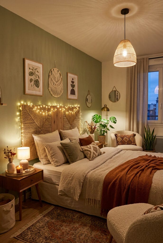 Chambre baignée d'une lumière tamisée par des guirlandes lumineuses au-dessus du lit