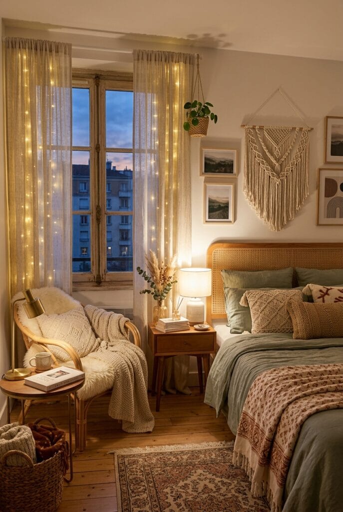 Guirlandes lumineuses derrière des rideaux créant un halo doux pour un coin lecture cosy