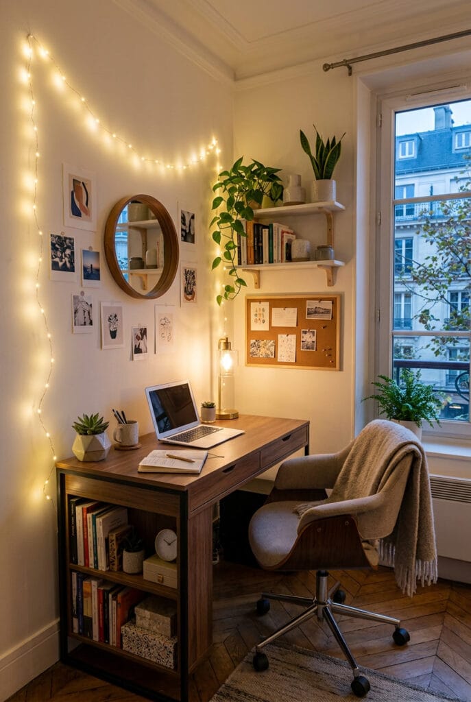 Bureau entouré de guirlandes lumineuses pour une atmosphère de travail chaleureuse et créative