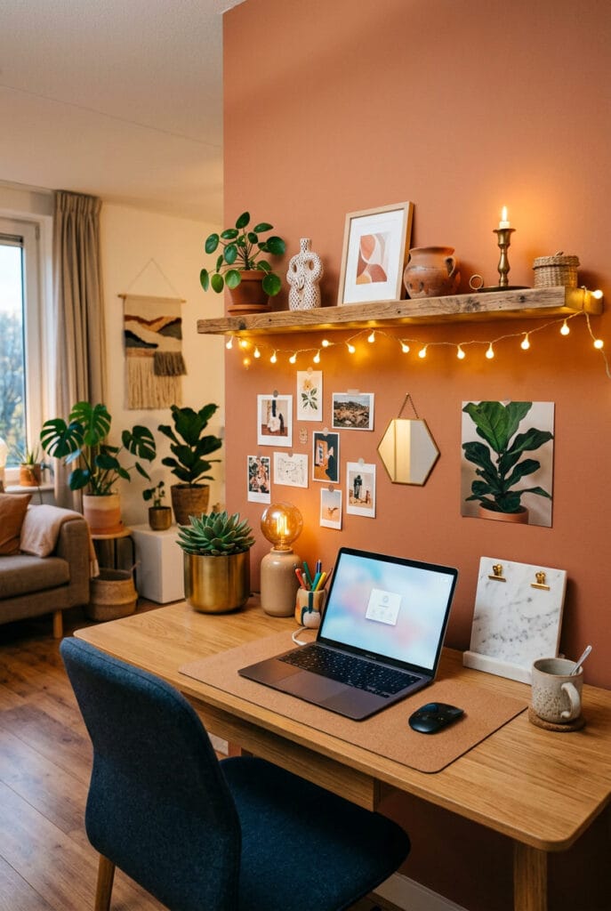 Guirlande lumineuse sur une étagère au-dessus d'un bureau pour un éclairage doux et décoratif