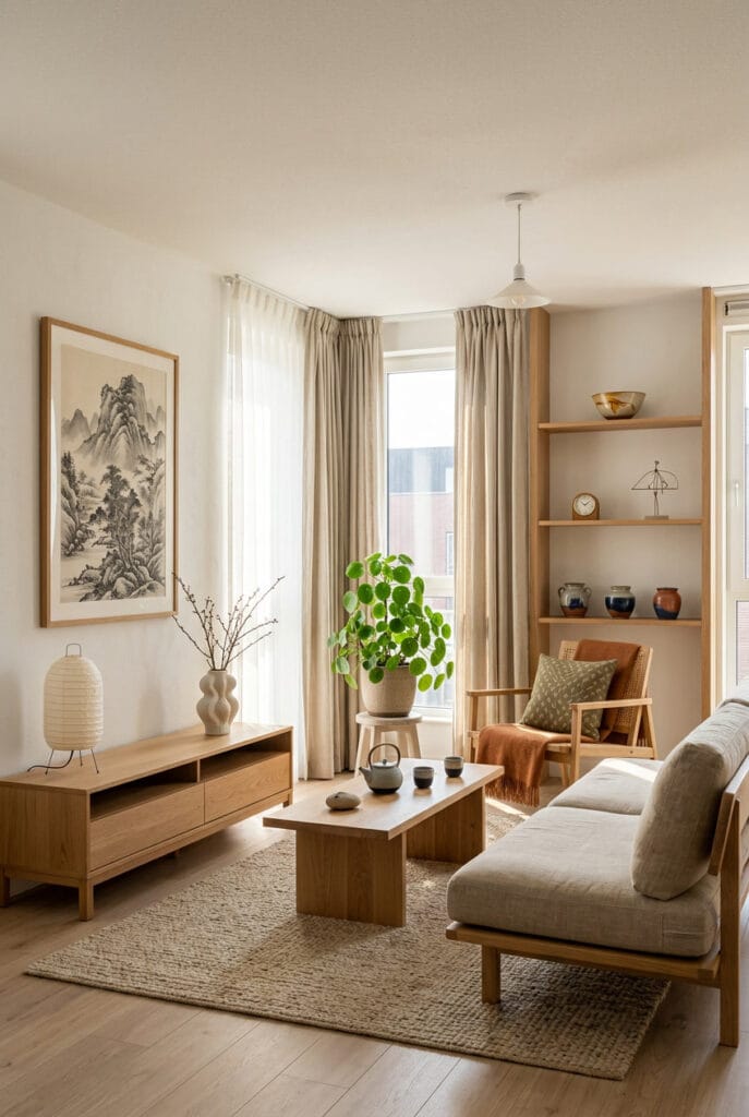 Intérieur Japandi épuré avec meubles aux lignes simples objets décoratifs choisis et agencement symétrique harmonieux