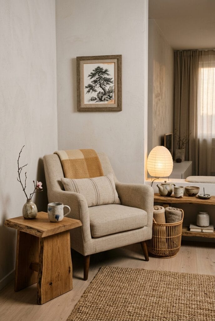 Intérieur Japandi wabi-sabi avec poteries irrégulières objets artisanaux et meubles patinés pour une authenticité unique