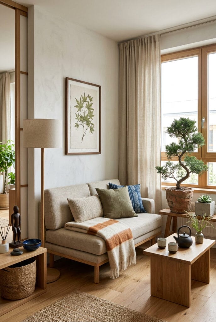 Intérieur Japandi avec bonsaïs et plantes grasses dans des pots en terre cuite et béton pour une harmonie naturelle