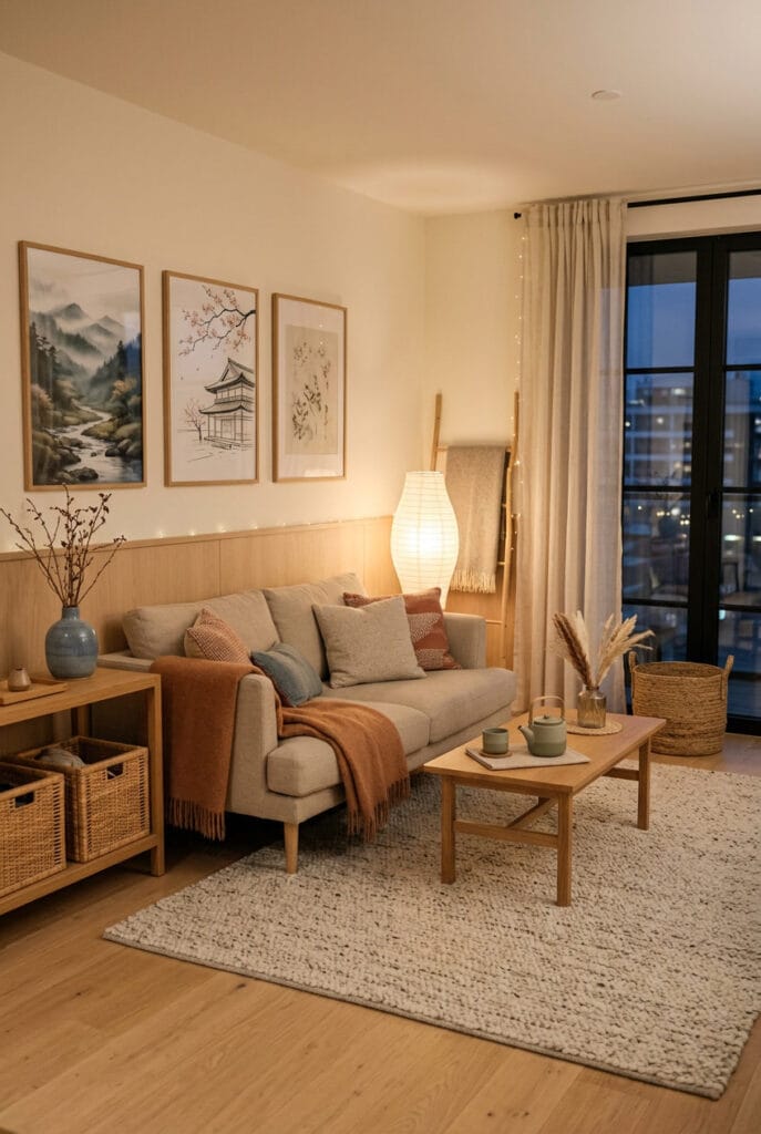 Intérieur Japandi avec tapis en laine et paniers en osier comme accessoires fonctionnels et esthétiques pour une ambiance cosy