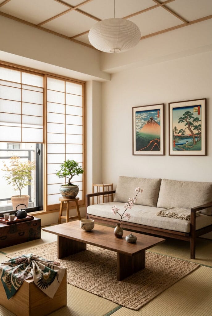 Intérieur Japandi inspiré du wabi-sabi japonais célébrant la beauté de l'imperfection et l'harmonie avec la nature
