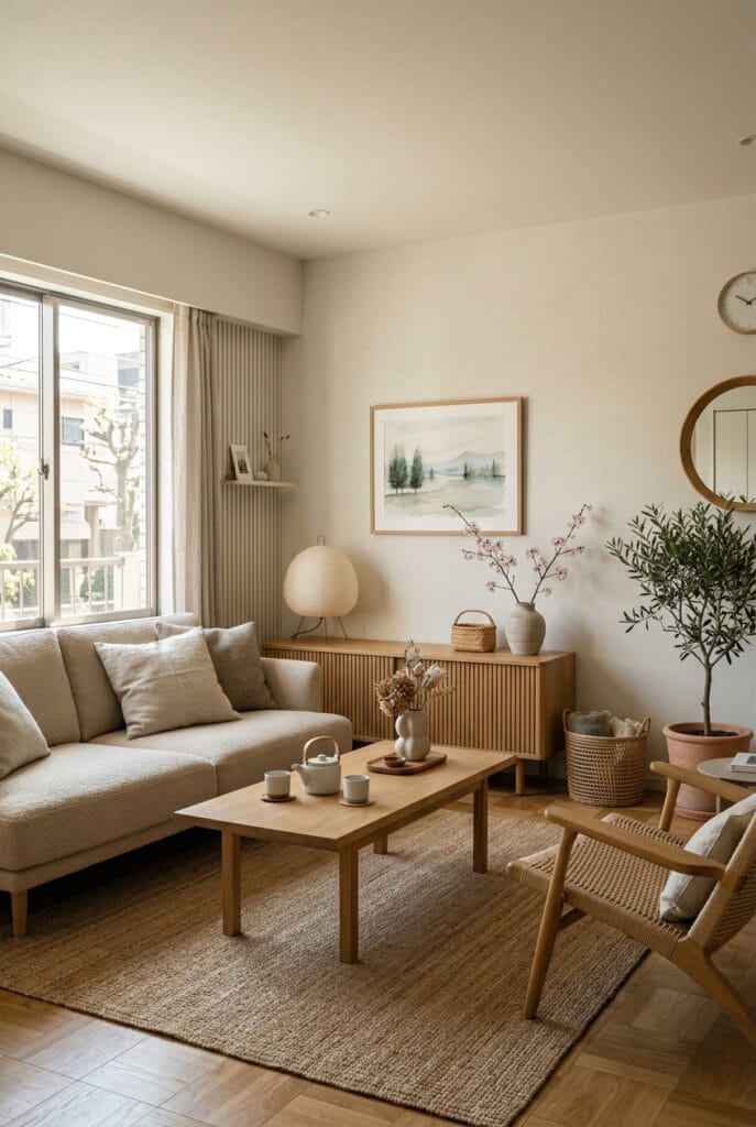 Intérieur Japandi équilibrant minimalisme et confort avec des éléments fonctionnels de qualité dans une ambiance apaisante