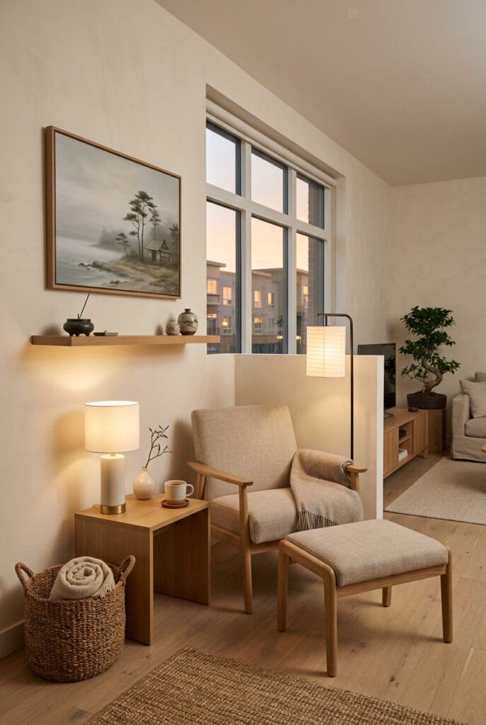 Intérieur Japandi minimaliste avec espace dégagé sans surcharge visuelle pour une atmosphère apaisante et relaxante