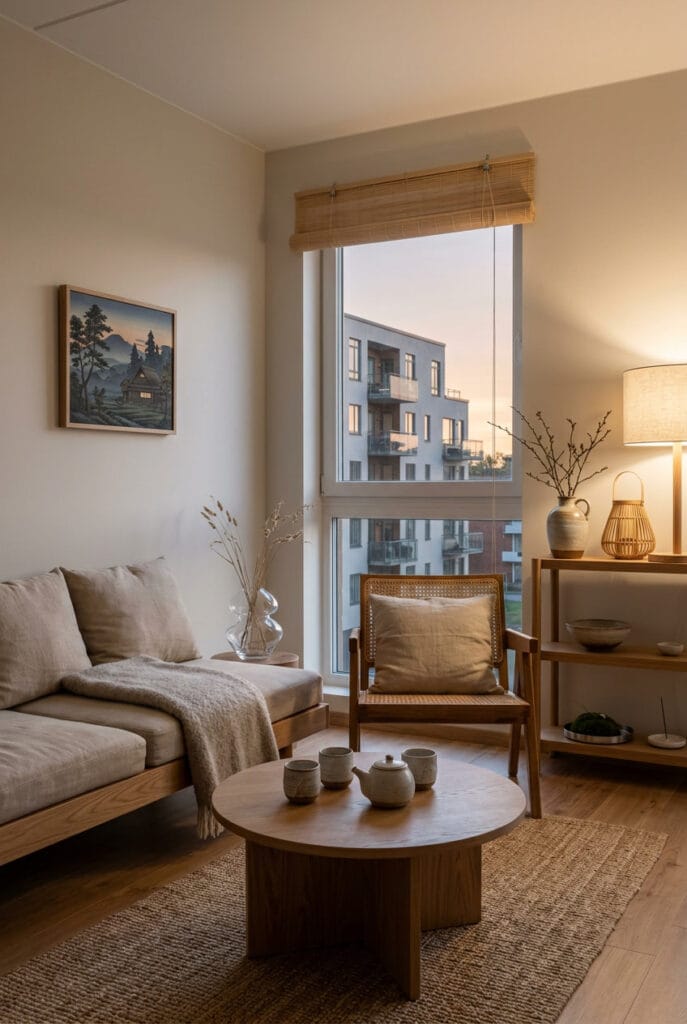 Intérieur Japandi avec bois bambou et céramique créant une connexion naturelle et harmonieuse avec l'extérieur