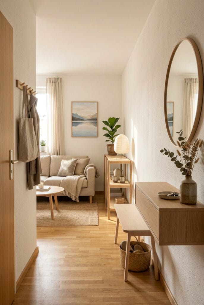 Intérieur Japandi avec meubles fonctionnels optimisant chaque centimètre d'un petit appartement avec élégance