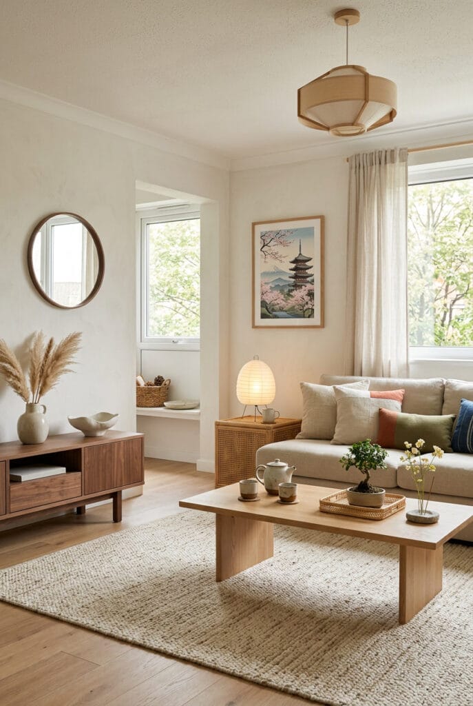 Intérieur Japandi avec matériaux naturels bois chêne noyer bambou lin et céramique pour une ambiance organique authentique