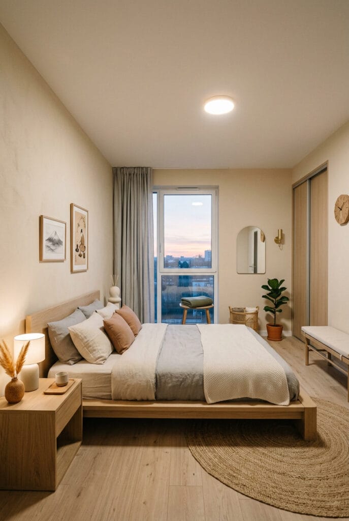 Intérieur Japandi aux teintes neutres blanc cassé beige et gris doux pour une ambiance calme et sereine