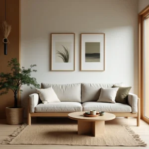 Un salon Japandi minimaliste et cosy avec des matériaux naturels, des tons apaisants et une décoration épurée alliant design scandinave et esthétique japonaise.