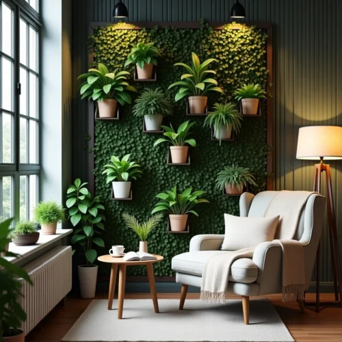 Collection harmonieuse de plantes d'intérieur dans un petit appartement lumineux, purifiant l’air et apportant une touche de verdure.