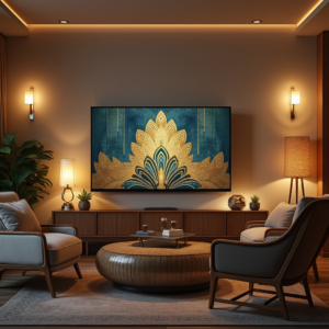 Salon cosy avec une télévision transformée en tableau art deco, affichant une œuvre élégante aux tons profonds et dorés, entourée d’un éclairage doux, de plantes et d’éléments décoratifs raffinés.