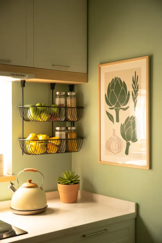 Cuisine élégante avec paniers suspendus en métal pour le rangement cuisine, sous des étagères en bois, organisant fruits et épices dans un intérieur cosy aux murs colorés.