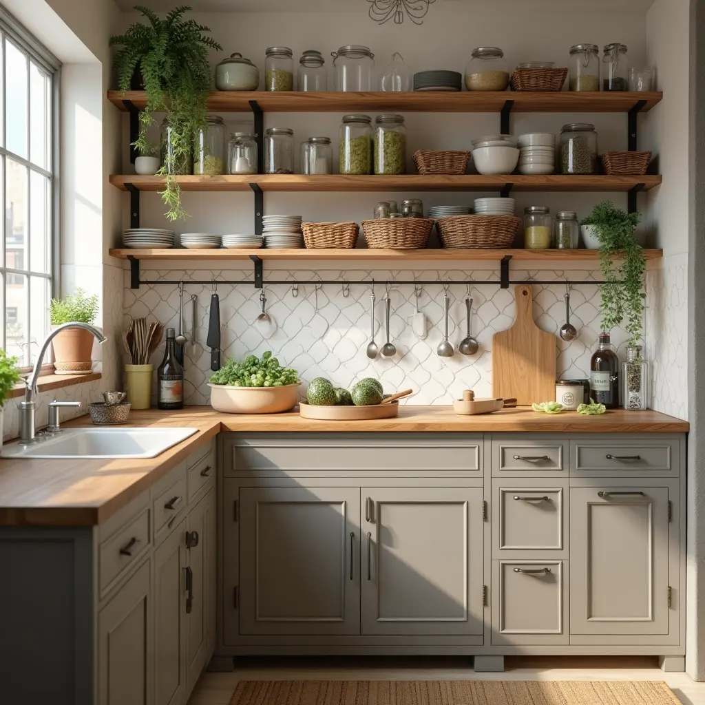 Rangement Cuisine optimisé avec étagères murales, bocaux en verre et paniers suspendus pour maximiser l’espace et garder une organisation fonctionnelle et esthétique.