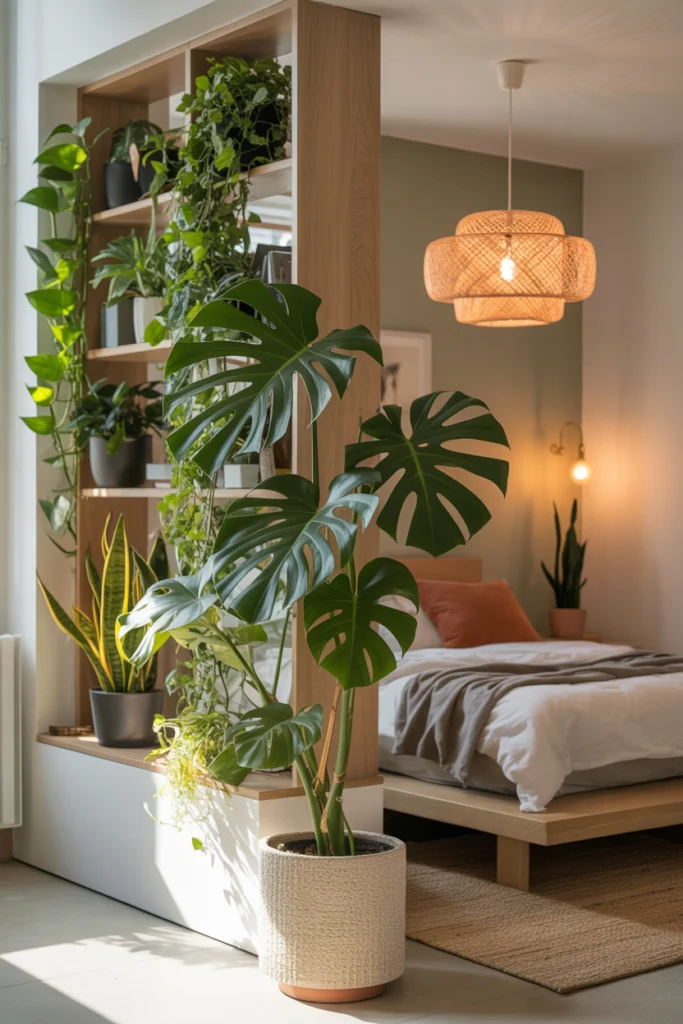 Séparation d’espaces dans un studio avec plantes et étagère verte