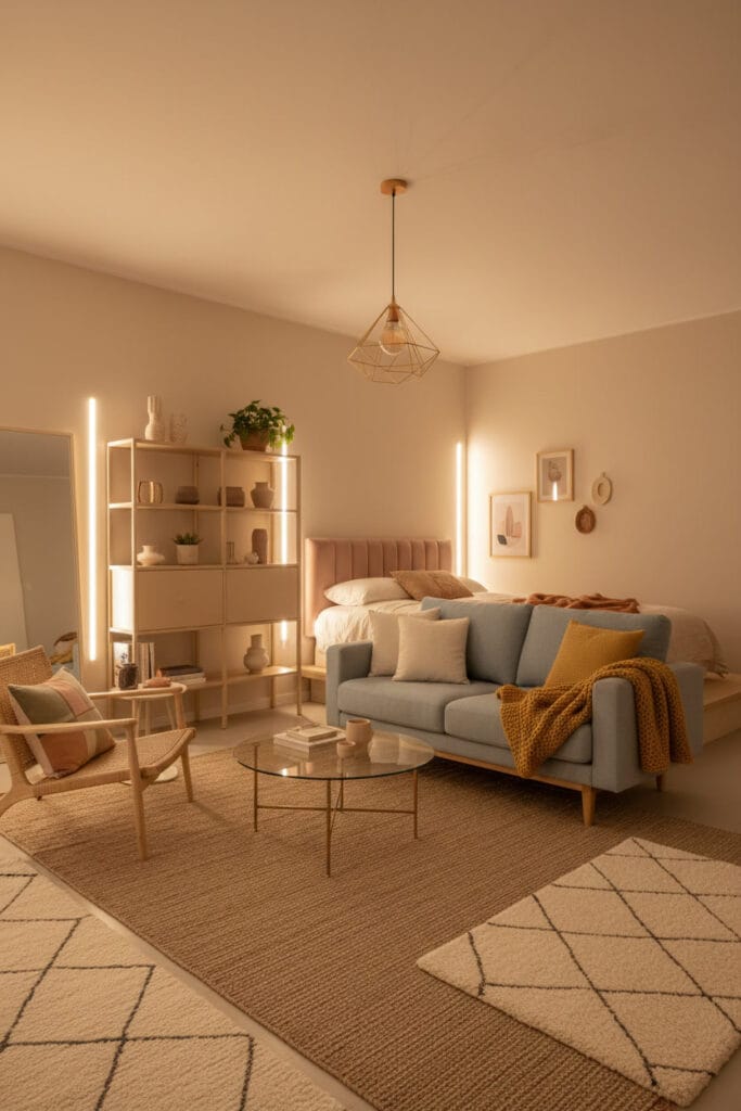 Aménagement studio harmonieux et fonctionnel, mettant en valeur la légèreté du mobilier et l’optimisation de l’espace.