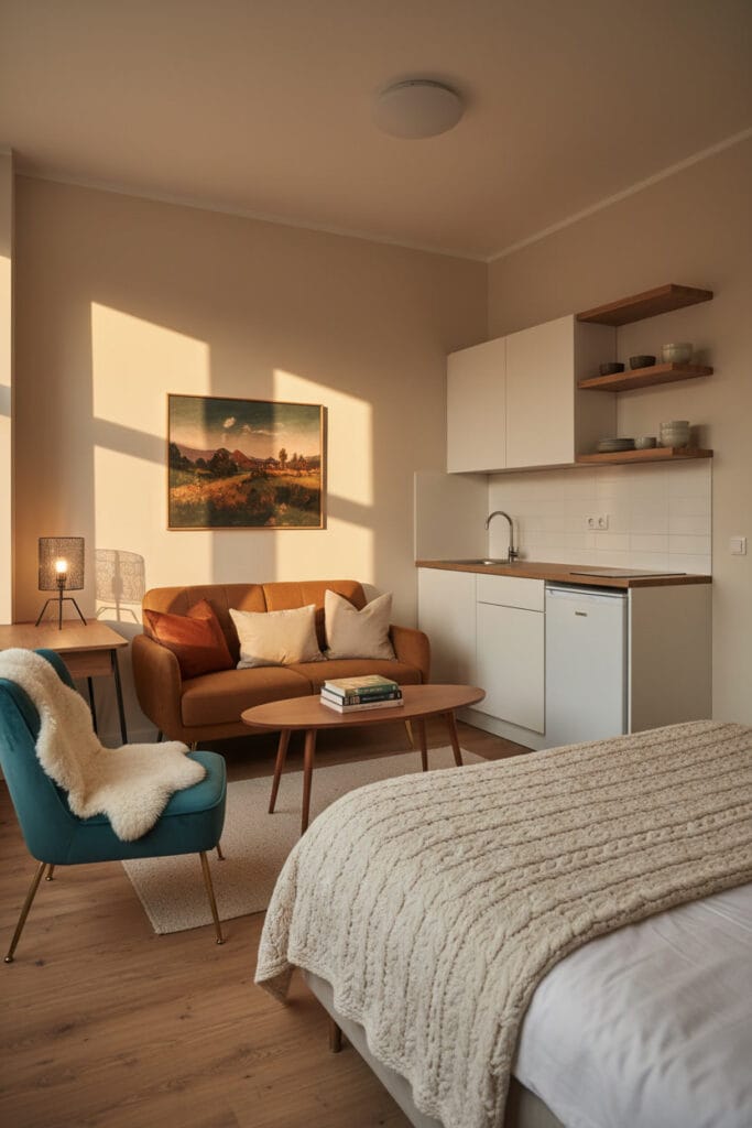 Aménagement d'un petit appartement typique moderne et cosy avec meubles à pieds fins : canapé, table basse, fauteuil et bureau, intérieur douillet et équilibré.