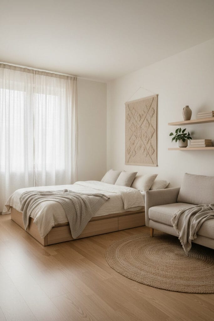 Aménagement d'un petit studio au style Japandi utilisant des couleurs claires et uniformes : murs blanc chaud, rideaux de lin et mobilier en bois clair, intérieur lumineux et serein.