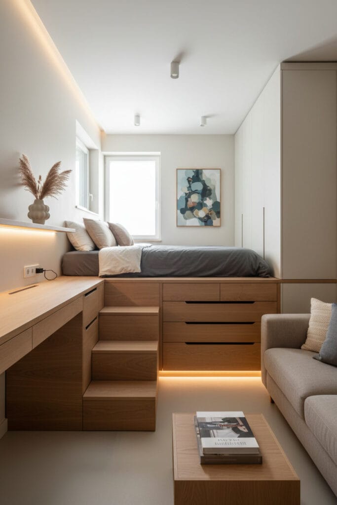 Aménagement d'un petit appartement urbain moderne avec mobilier sur-mesure : bureau sous fenêtre, lit surélevé avec rangements et armoires encastrées, intérieur optimisé et équilibré.