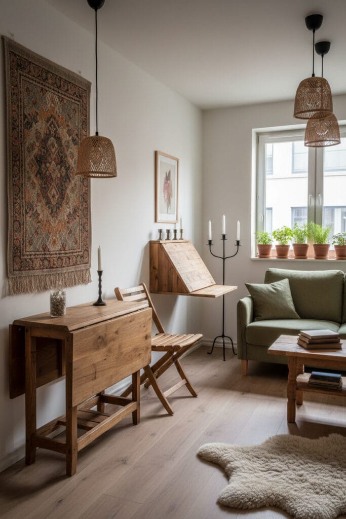 Aménagement d'un petit appartement rustique moderne avec meubles pliables : table à abattant mural, chaises pliantes et bureau escamotable, intérieur chaleureux et équilibré.