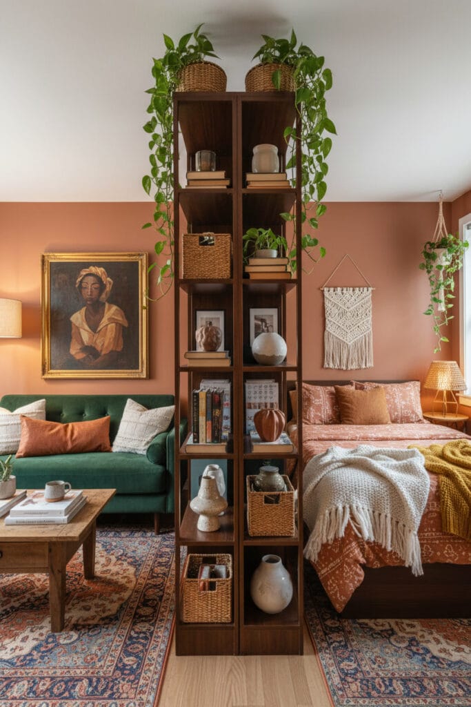 Aménagement studio avec séparation d'espaces par une grande étagère ouverte bohème, distinguant le salon du coin nuit.