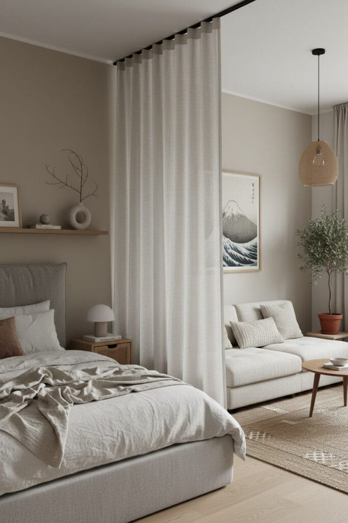 Aménagement studio avec séparation par rideau en lin, style Japandi, créant un coin nuit intime et un salon épuré.