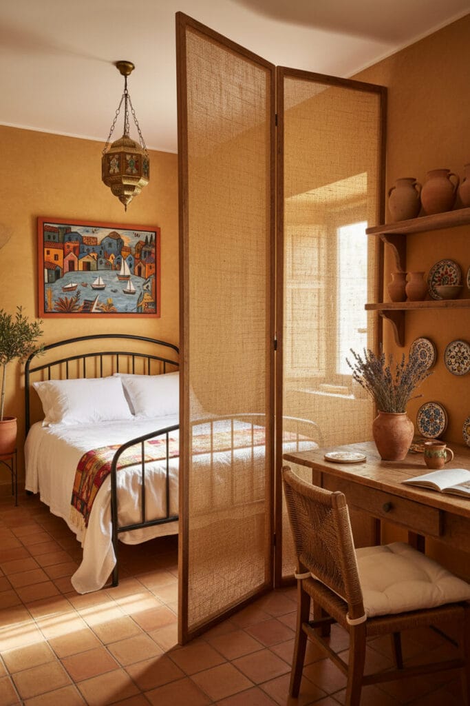 Aménagement studio méditerranéen avec cloison amovible en jute, séparant un coin repas/bureau d'une chambre ensoleillée.