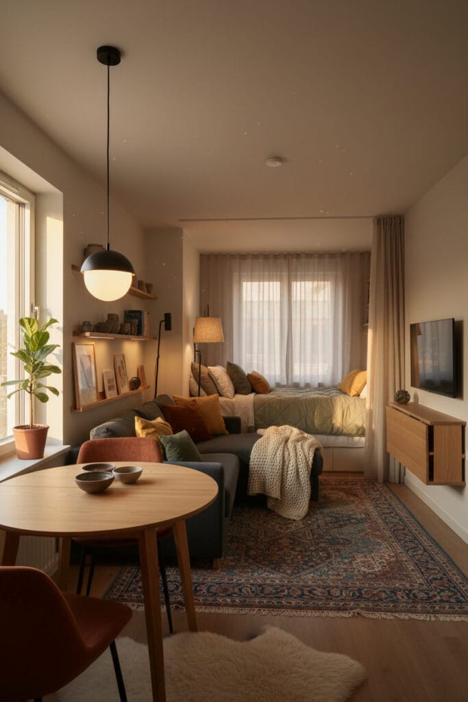 Aménagement studio optimisé avec mobilier polyvalent, espace harmonieux et ambiance cosy ensoleillée.