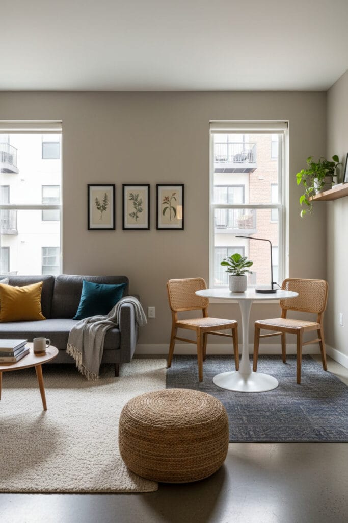 aménagement studio avec tapis pour délimiter salon et espace repas