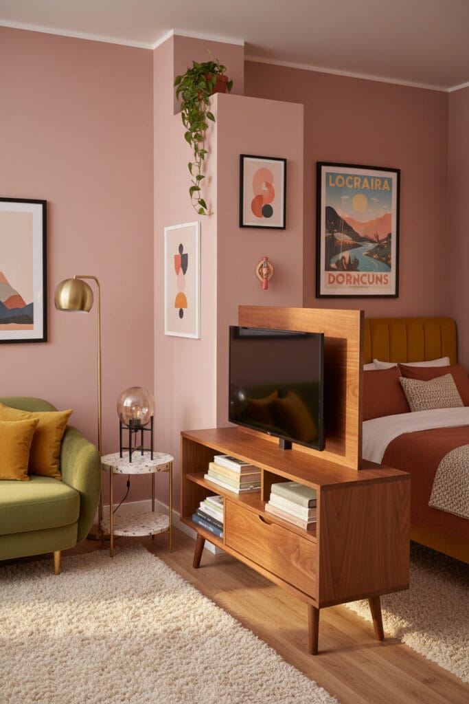 Aménagement studio avec un meuble TV pivotant en noyer comme séparateur d'espaces rétro-moderne.