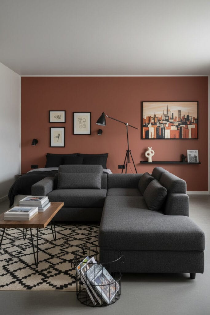 Aménagement studio utilisant un canapé modulaire anthracite comme séparateur d'espaces dans un style urbain artistique.