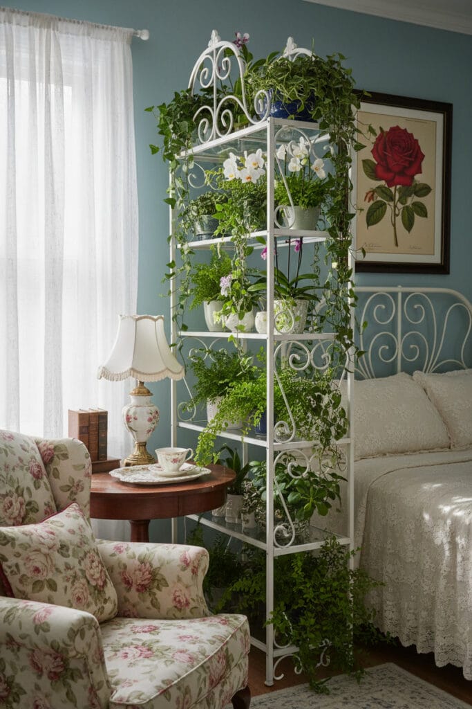 Aménagement studio utilisant une étagère victorienne garnie de plantes comme séparateur d'espaces dans un style cottage romantique.
