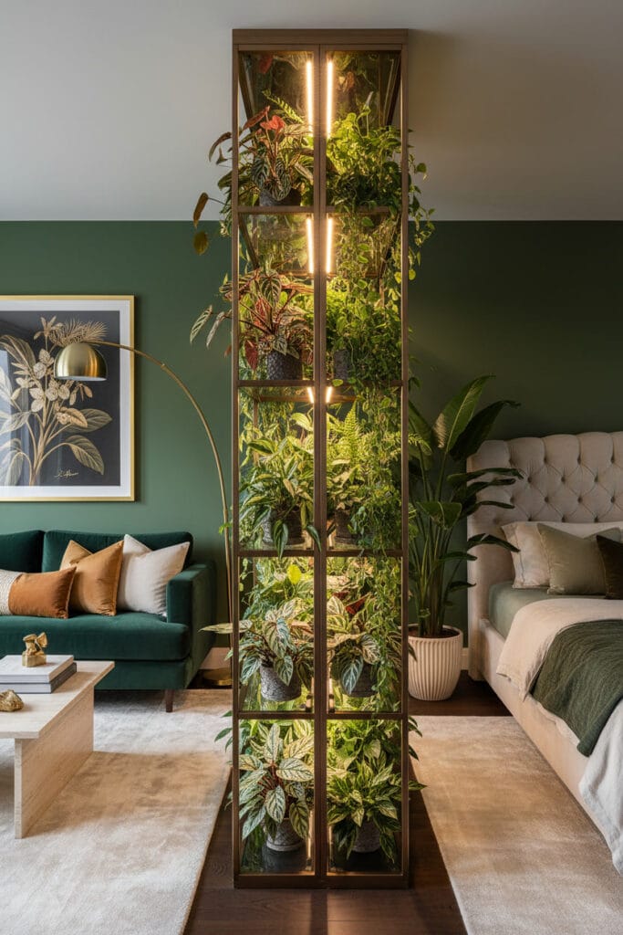 Aménagement studio moderne avec une étagère-jardin verticale en bronze comme séparateur d'espaces luxueux.