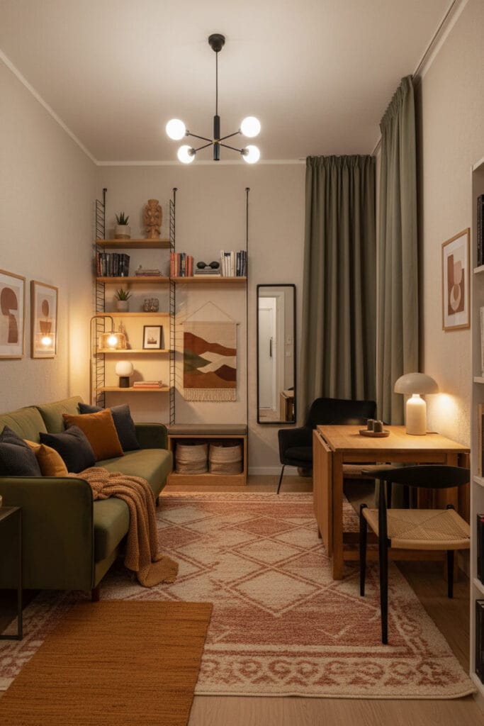 Aménagement studio optimisé et fonctionnel, intérieur harmonieux et cosy en soirée.