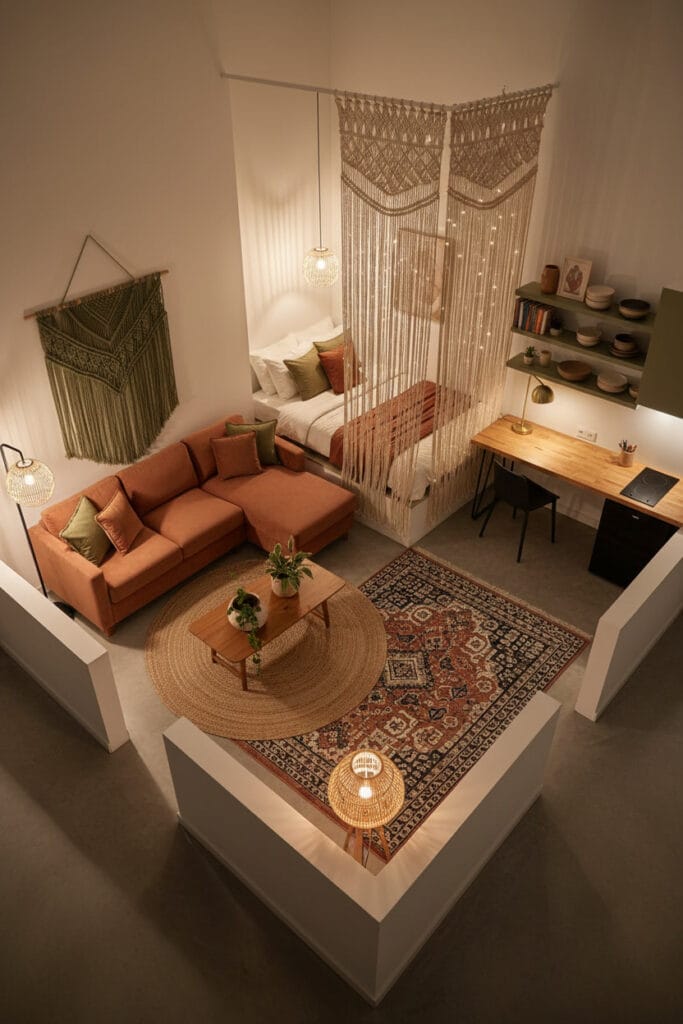 Aménagement studio harmonieux et fonctionnel, montrant l’idée de zones distinctes sans cloisons.