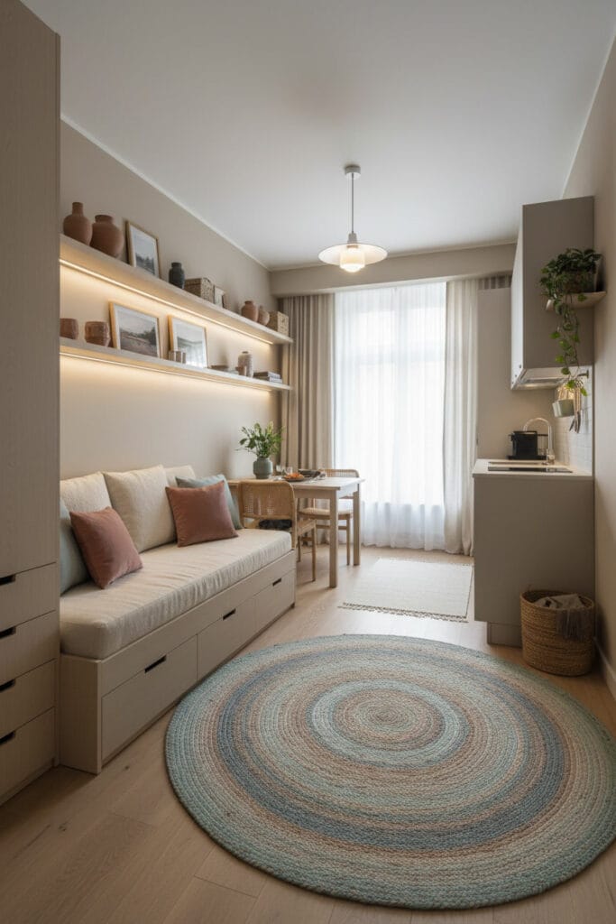 Aménagement studio harmonieux et fonctionnel, illustrant l’optimisation de l’espace avec des solutions de rangement intégrées.