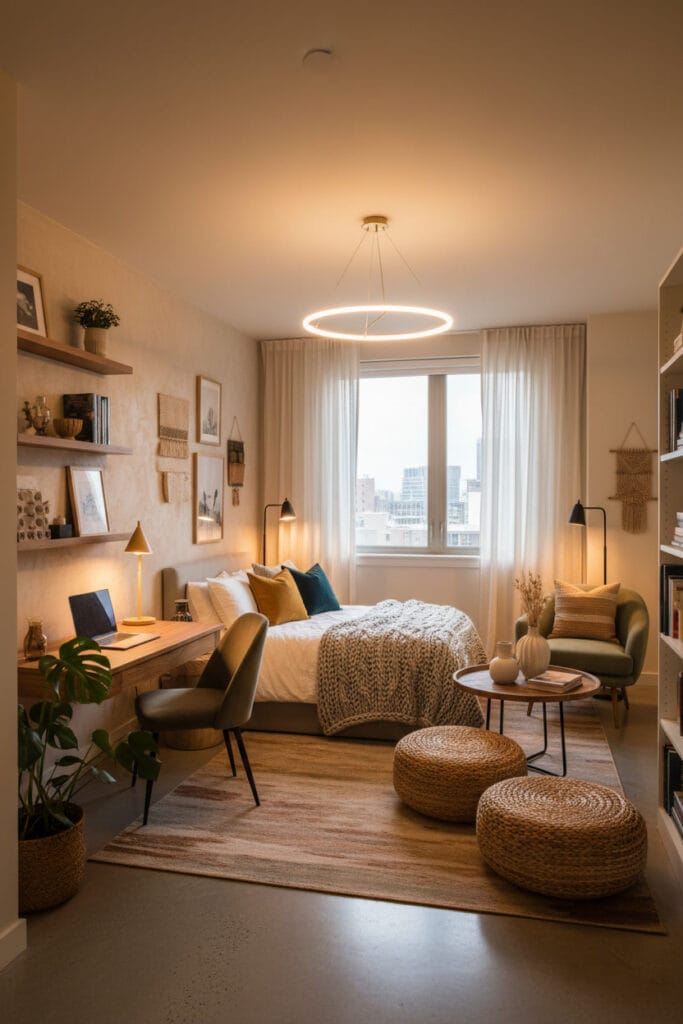 Studio cosy et fonctionnel, illustrant l’optimisation de l’espace et un mobilier visuellement léger.