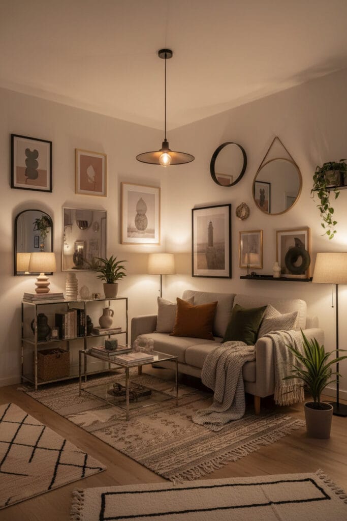 Aménagement studio cosy et harmonieux, illustrant l’idée de créer une impression d’espace grâce aux surfaces réfléchissantes.