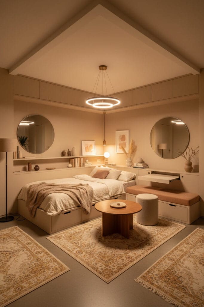 Aménagement studio cosy et fonctionnel, illustrant l’optimisation de l’espace grâce au mobilier sur-mesure.