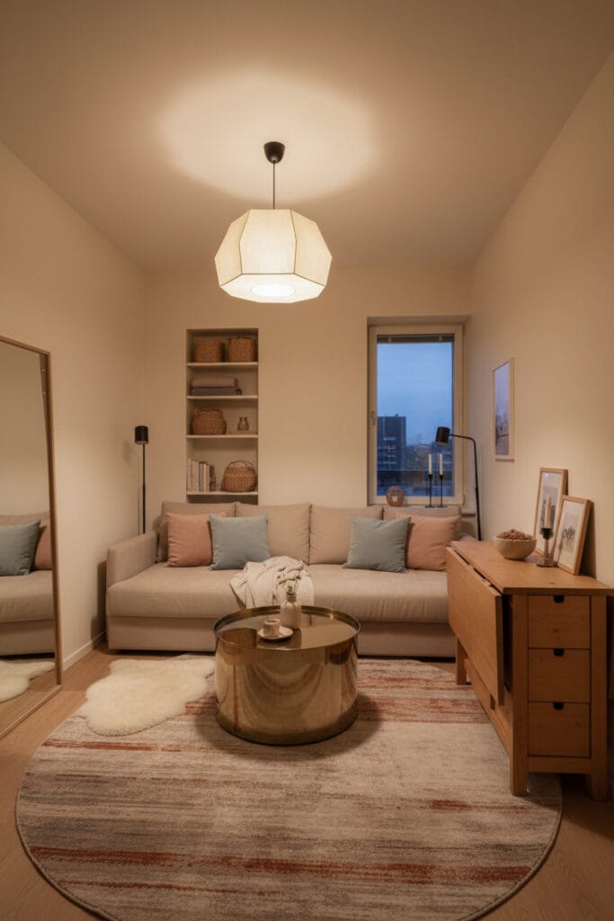 Aménagement studio cosy et fonctionnel, illustrant l’optimisation de l’espace grâce à des meubles flexibles et modulables.